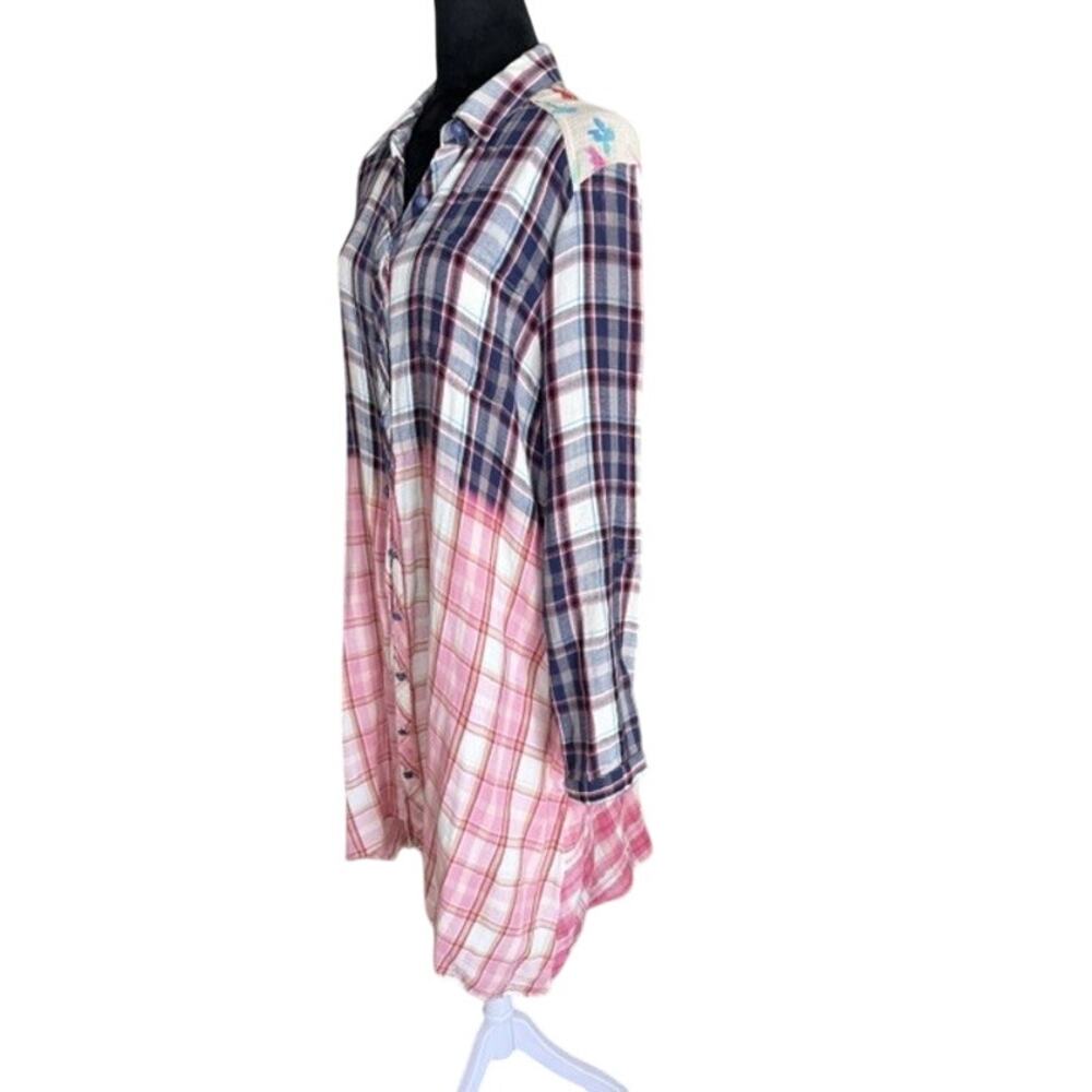 Philosophy Shirt Dress Womens L Plaid Floral Mixed Print Button Front Boho Midi - Picture 3 of 11